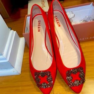 Red Ballet Flats with Crystal Detail